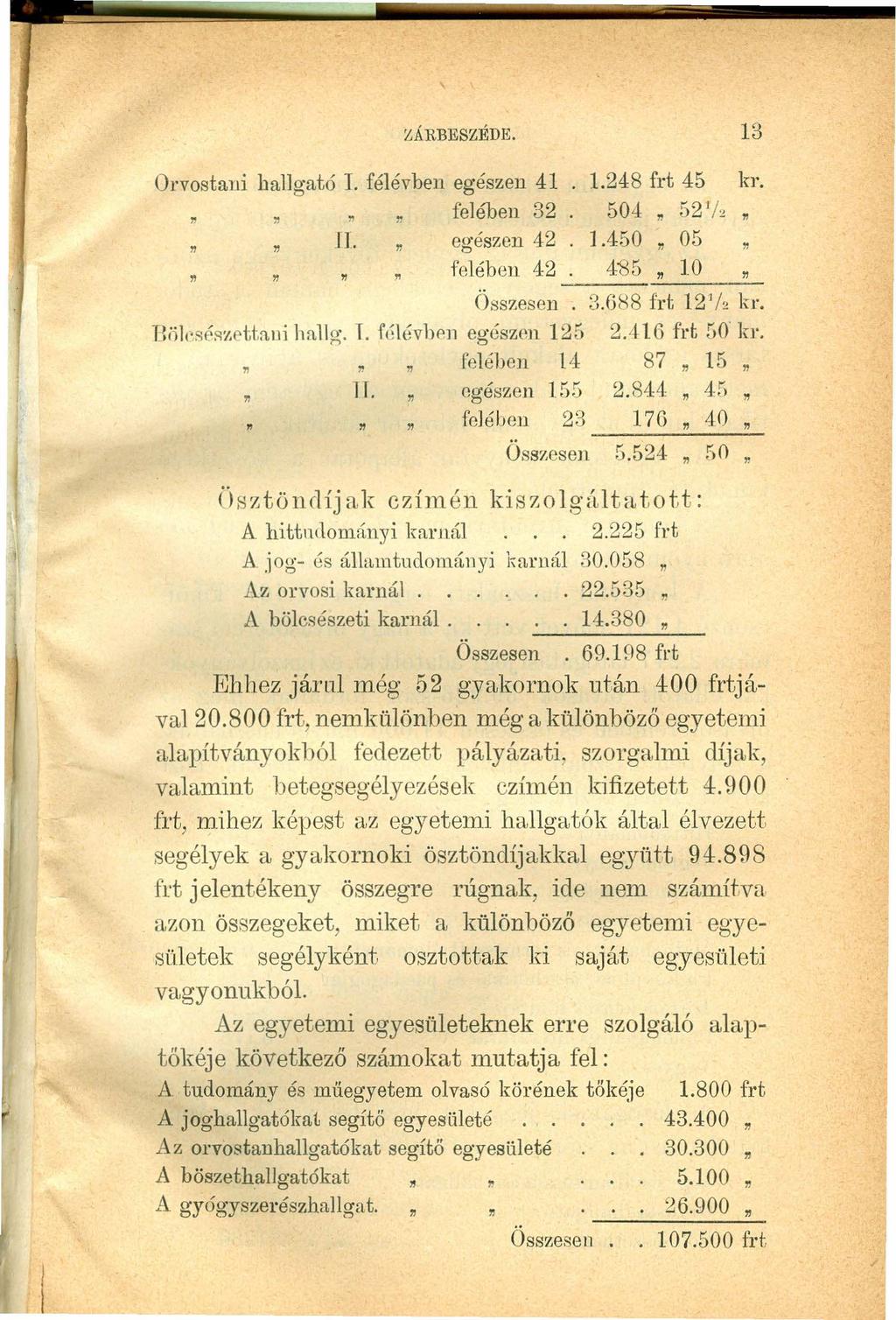 ZÁRBESZÉDE. 13 Orvostani hallgató T. félévben egészen 41 1.248 frt 45 kr, felében 32 504-" 52'/" " JL egészen 42. 1.450 " 05 felében 42. 4"85" 10 Összesen. 3.688 irt 12'/2 kr, Biill'séRí'.cU::wi hn.
