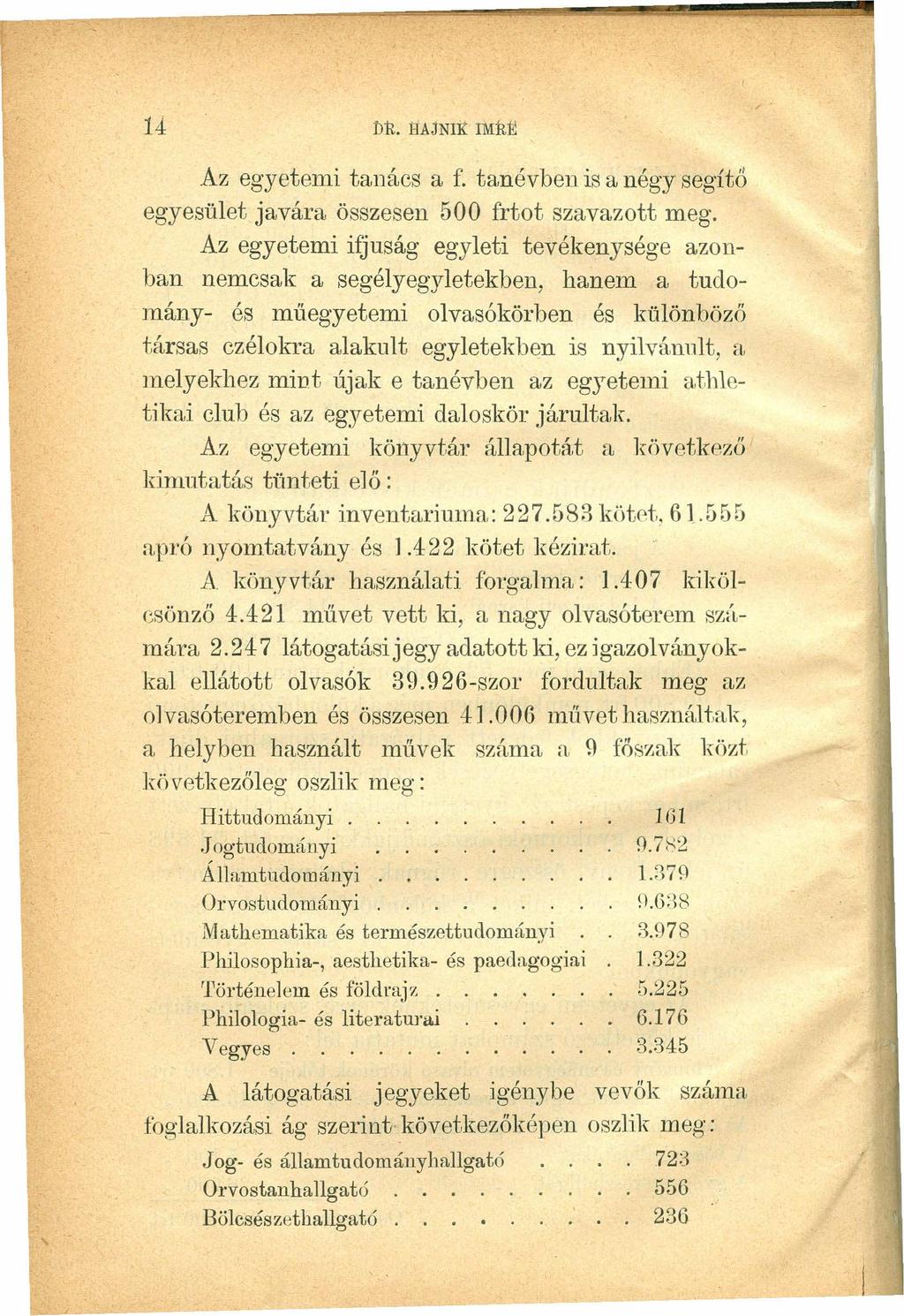14zyxwvutsrqponmlkjihgfedcbaZYXWVUTSRQPONMLKJIHGFEDCBA DR. B'AJNIKIMM Az egyetemi tanács a f. tanévben is a négy segítő egyesület javára összesen 500 frtot szavazott meg.