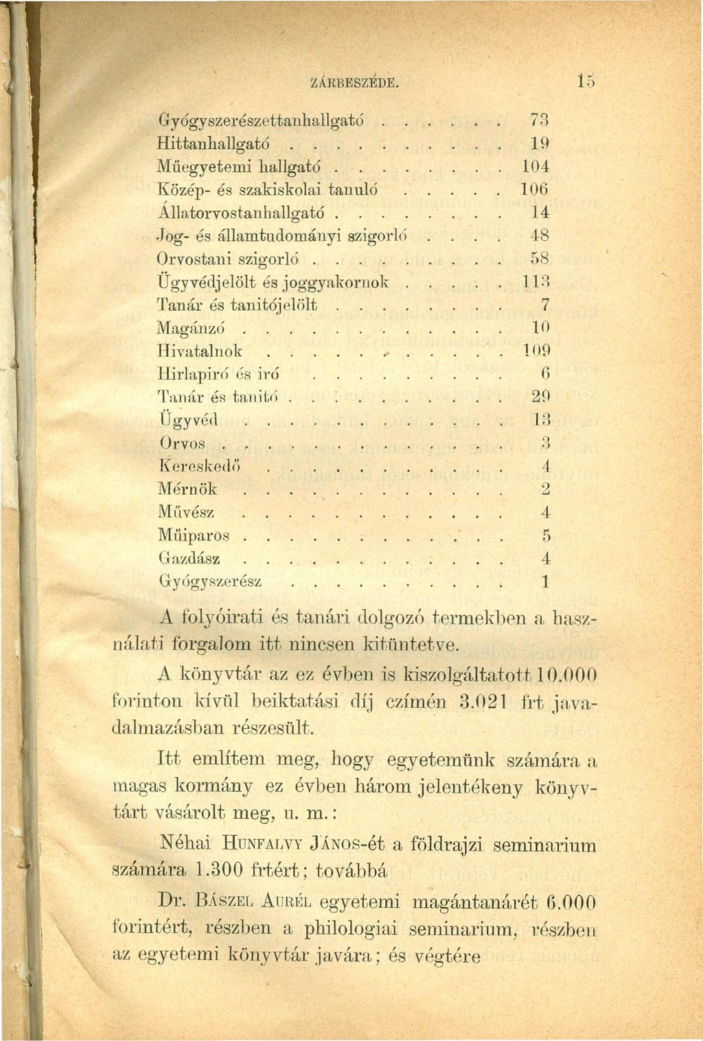 ZÁRBESZÉDE. 15 G-yógyszerészettanhallgató Hittanhallgató Müegyetemi hallgató. Közép- és szakiskolai tanuló Állatorvostanhallgató. Jog- és államtudományi szigorló Orvostani szigorló.