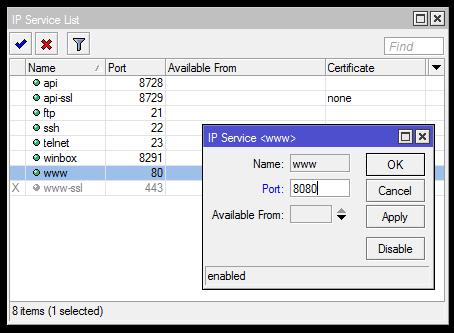RouterOS Services Változtassátok meg a www szolgáltatás portját