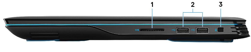 Az Dell G3 3590 különböző nézetei 2 Jobb 1 SD-kártyafoglalat SD-kártya olvasása és írása. 2 USB 2.