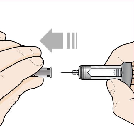 6. lépés Húzza le a tűvédő kupakot Egy kézzel fogja meg a fecskendő testét, és a másik kezével óvatosan, egyenesen húzza le a tűvédő kupakot.