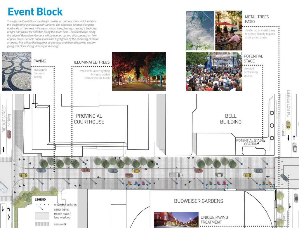 ± ± ± Through the Event Block the design creates an outdoor room which extends the programming of Budweiser Gardens.