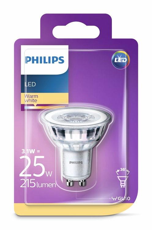 PHILIPS LED Spot 3,1 W (25W) GU10 Meleg fehér Nem szabályozható Kellemes fény a szemnek A rossz minőségű fényforrások kifárasztják a szemet.