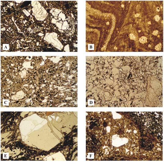7.3. ábra - A harsány ignimbrit kőzeteinek jellegzetes mikroszkópos képei (a képek szélessége mindenhol 3,3 mm). A. A H1 sz. feltárás piroklasztitjának mikroszkópos megjelenése.