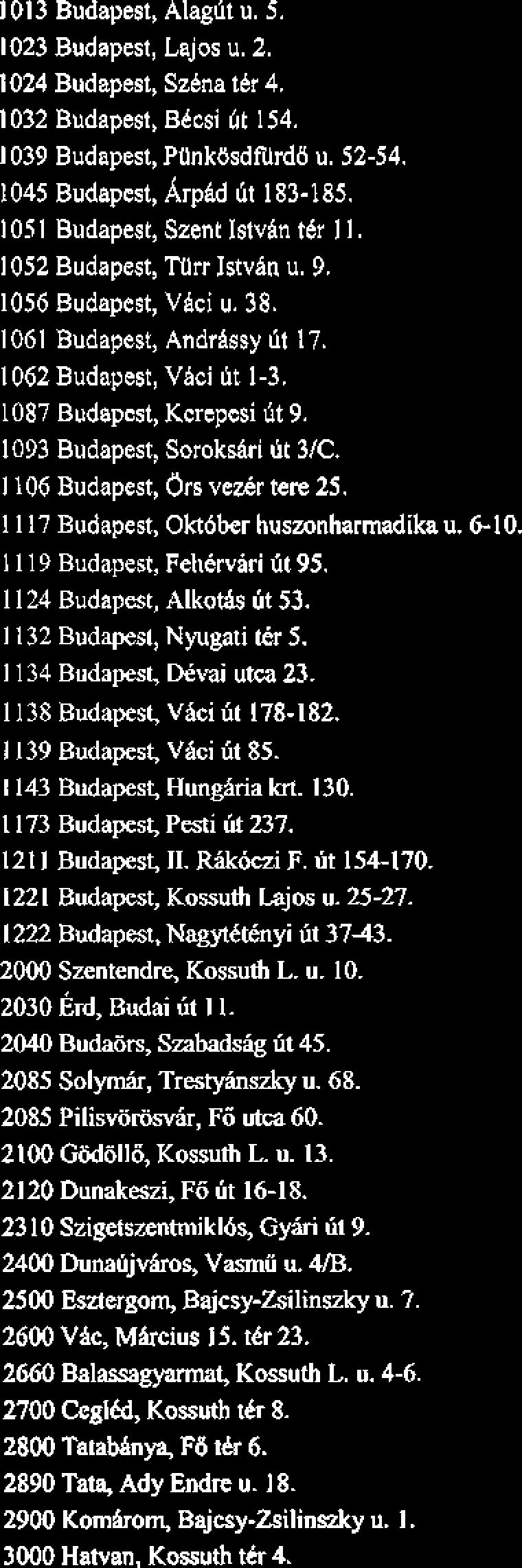 1039 Budapest, PllnkdsdfUrdtl u. 52-54. 1045 Budapest, Arp~ 6t 183-185. 105 1 Budapest, Szent: Istvhn t6r 1 1. 1052 Budapest, Tllrr Jstvhn u. 9. 1056 Budapest, Vhci u. 38.