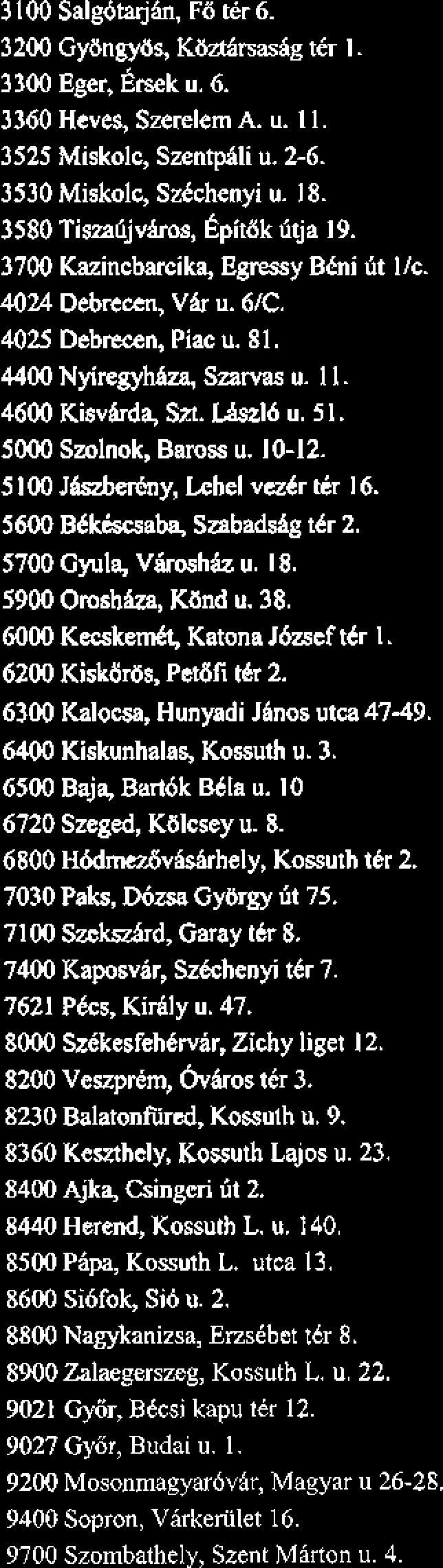 6-10. I 119 Budapest, Feltbrvari Qt 95. 1124 Budapmt, Alko* Ot 53. 1 132 Budapest, N yugati tkr 5. 1 134 Budapest, Wvai utca 23. 1 138 Budapest, Vhci 6t 178-182. 1 139 Budapest, Vhci iit 85.