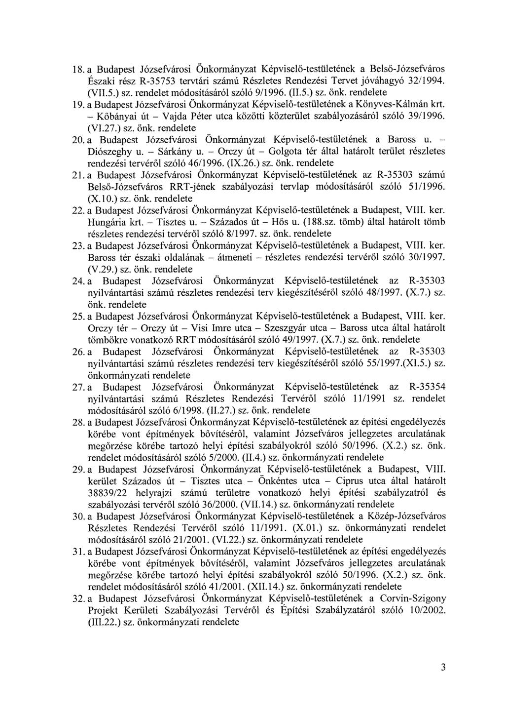 18.a Budapest Józsefvárosi Önkormányzat Képviselő-testületének a Belső-Józsefváros Északi rész R-35753 tervtári számú Részletes Rendezési Tervet jóváhagyó 32/1994. (V11.5.) sz.