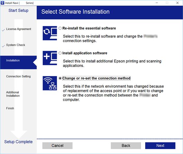 Hálózati beállítások Windows Válassza a Csatlakozási módszer módosítása vagy újrabeállítása lehetőséget a Válassza ki a szoftver