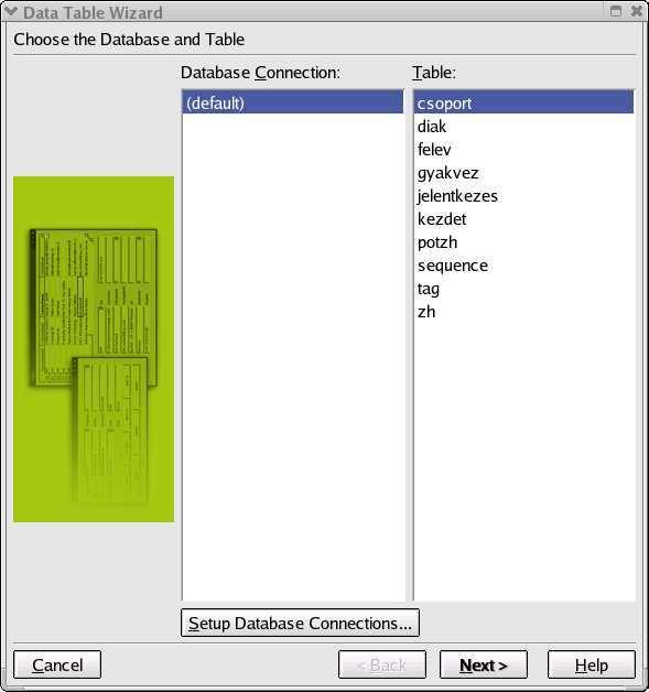 Data Table Wizard: Choose Database