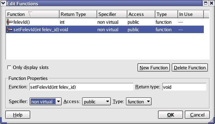 A felev_id adattagot kezel ő függvények: létrehozás Function: felevid() Return type: int Specifier: non virtual Access: