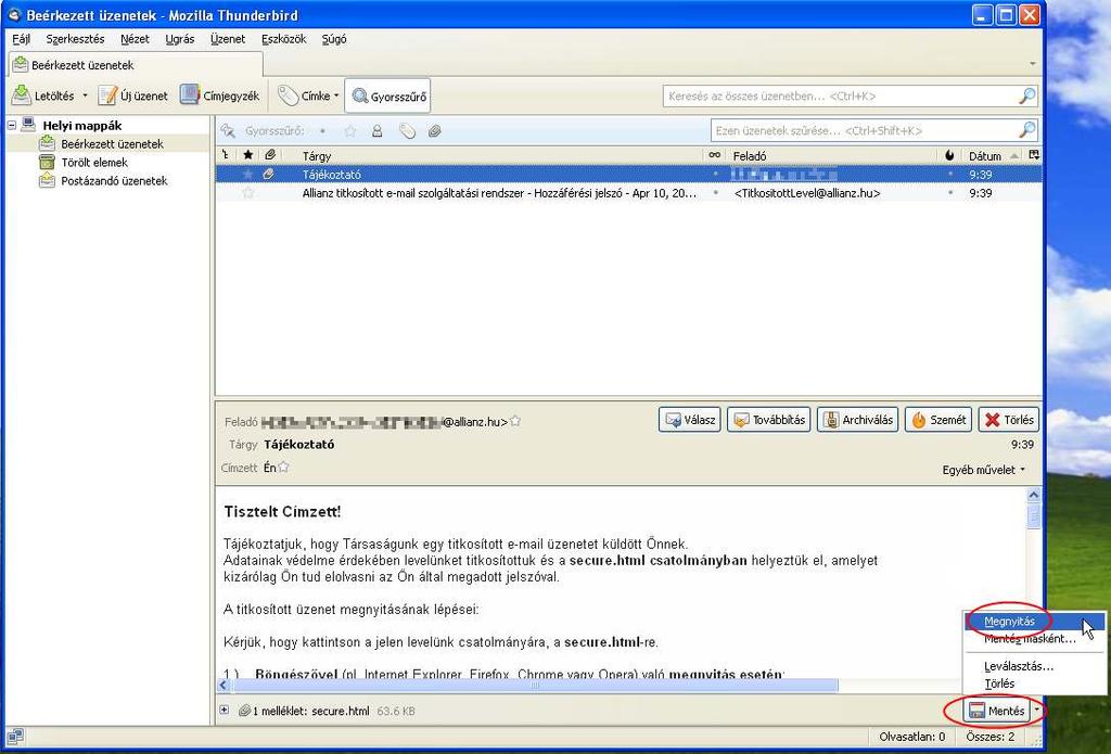 Thunderbird A levelező ablakában alul a secure.