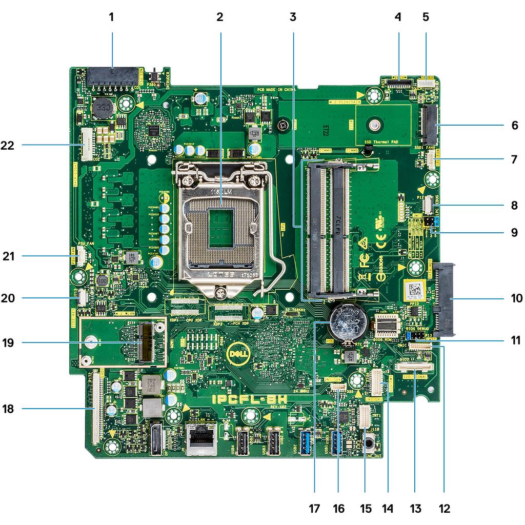 1. Tápegység tápcsatlakozója 2. Processzor 3. Memóriafoglalatok 4. Webkamera-csatlakozó 5. Az érintőképernyő kábelcsatlakozója 6. M.2 PCIe-/SATA-foglalat 7. Rendszerventilátor csatlakozó 8.