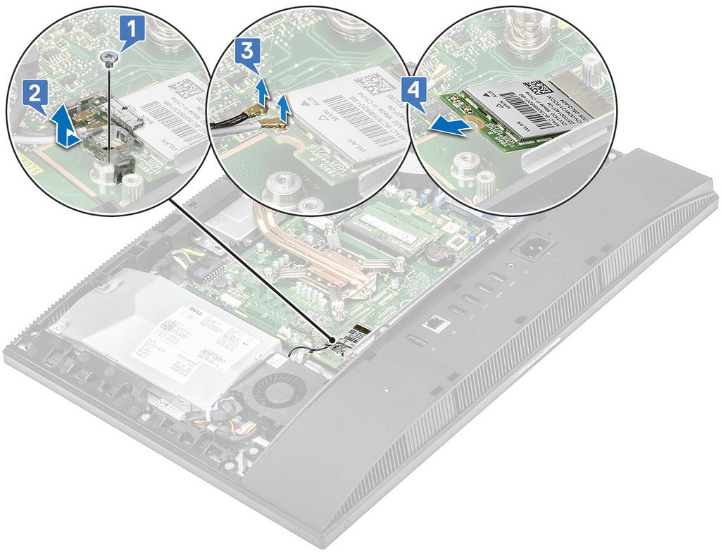 A WLAN-kártya beszerelése 1. A WLAN-kártya beszerelése: a) Illessze be, majd szerelje be a WLAN-kártyát a WLAN-kártya foglalatába [1]. b) Az antennakábeleket csatlakoztassa a WLAN kártyához [2].