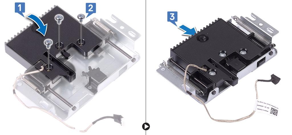4. Az előugró kamera szerkezetének beszerelése: a) A kamera kábelét vezesse el a kábelvezetőkben [1]. b) Illessze és helyezze az előugró kamera paneljét a kijelzőpanel alapjára [2].