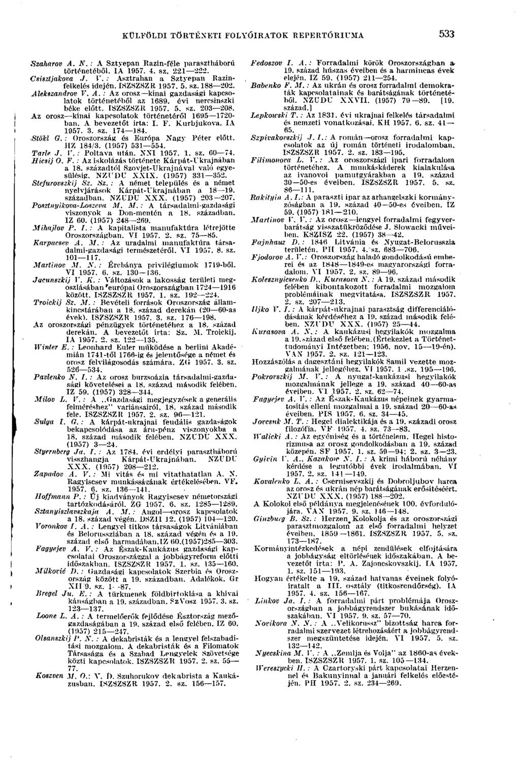 KÜLFÖLDI TÖRTÉNETI FOLYÓIRATOK REPERTÓRIUMA 533 Szaharov A. N. : A Sztyepan Razin-féle parasztháború történetéből. IA 1957. 4. sz. 221 222. Csisztjakova J. V.