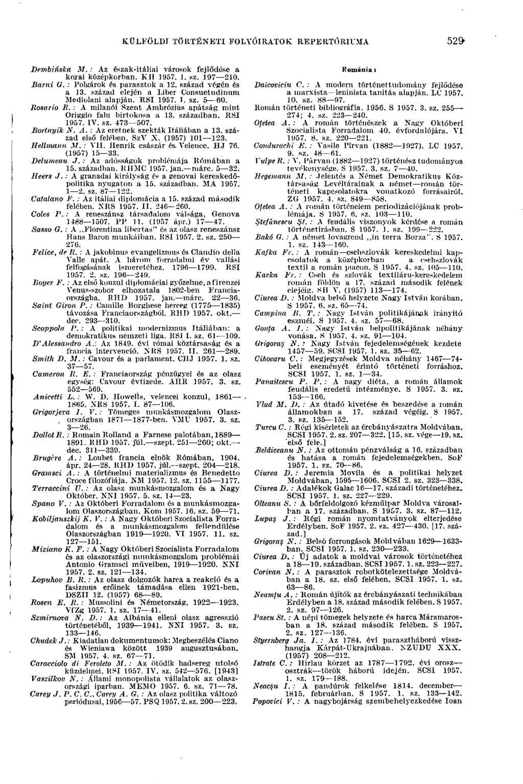 KÜLFÖLDI TÖRTÉNETI FOLYÓIRATOK REPERTÓRIUMA 529 Dembinska M. : Az észak-itáliai városok fejlődése a korai középkorban. KH 1957. 1. sz. 197 210. Bami G. : Polgárok és parasztok a 12.