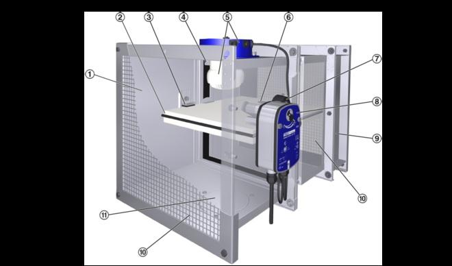 1 Casing 2 Damper blade 3 Travel stop for OPEN position 4 Travel stop for CLOSED position 5 Duct smoke detector RM-O-3-D 6 Temperature sensor 7 Thermoelectric release mechanism 8 Spring return