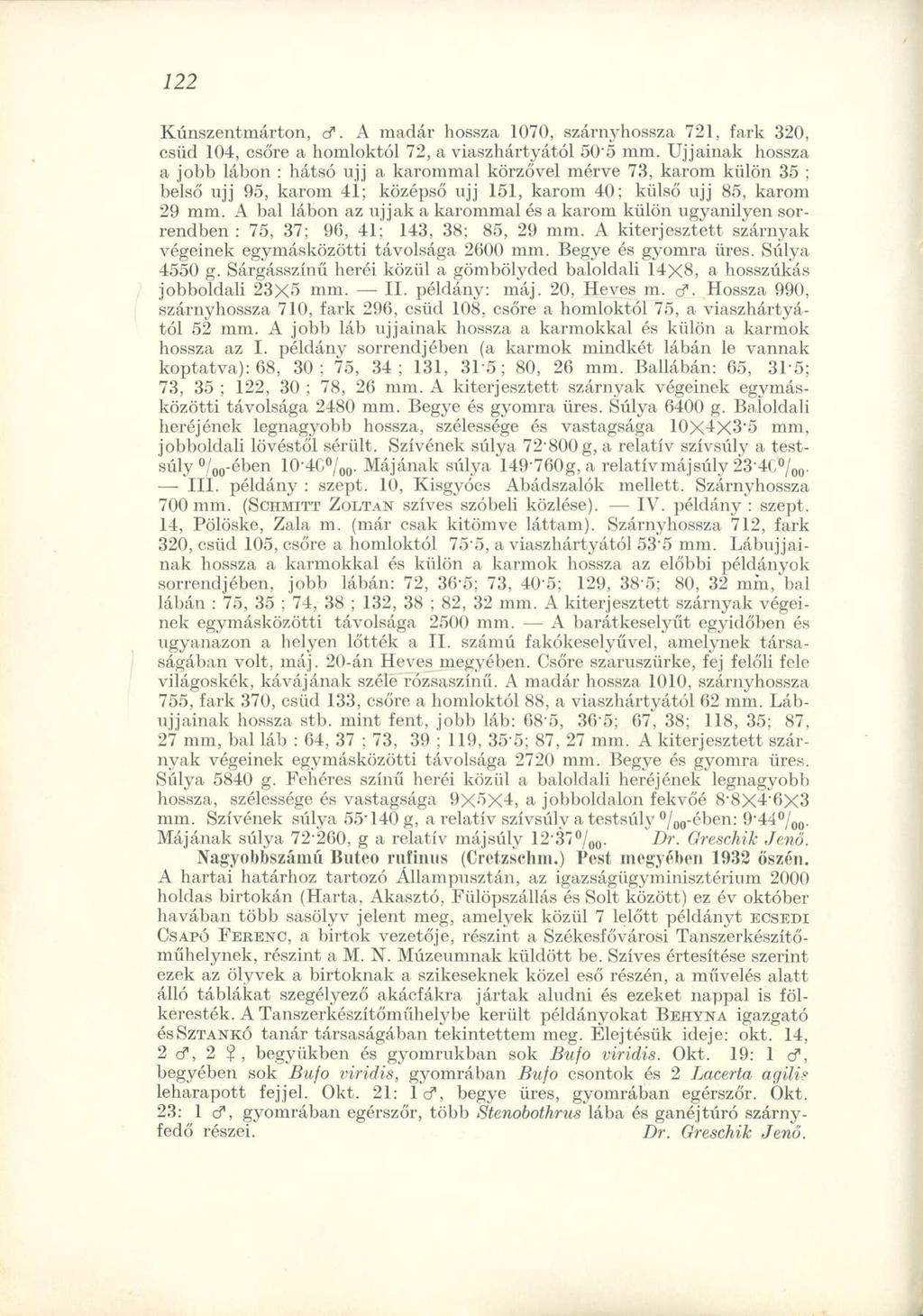 Kúnszentmárton, cf A madár hossza 1070, szárnyhossza 721, fark 320, csüd 104, csőre a homloktól 72, a viaszhártyától 50'5 mm Ujjainak hossza a jobb lábon : hátsó ujj a karommal körzővel mérve 73,