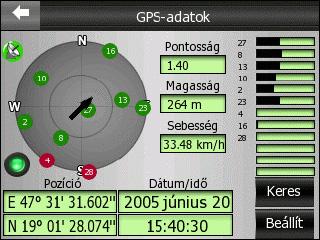 A GPS a zöld mûholdaktól kap jeleket, a pirosaktól nem. A jobboldalon láthatók a mûholdak vételének erõsségét jelzõ csíkok.
