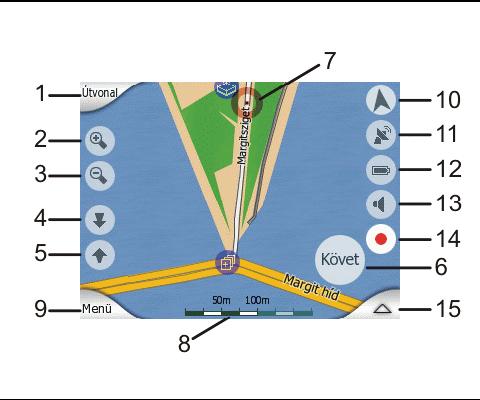 A Térkép képernyõ fõként GPS nélküli használatra készült, a térkép böngészésére, felhasználói POI-k létrehozására vagy elõzetes útvonaltervezésre szolgál.