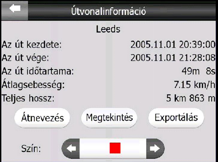 o megváltoztathatjuk a nyomvonal nevét (Átnevezés gomb), o megváltoztathatjuk a színét (Szín nevû választósáv), o megnézhetjük a térképen (Megtekint gomb), vagy o a memóriakártyára menthetjük GPX