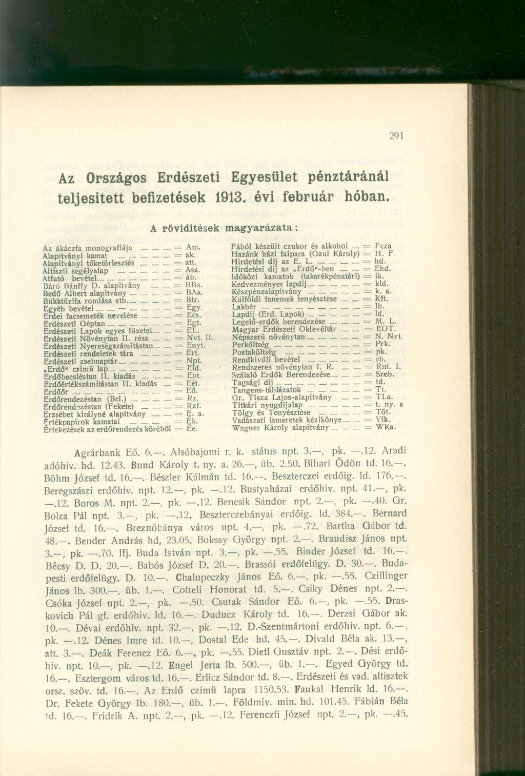 Az Országos Erdészeti Egyesület pénztáránál telj esitett befizetések 1913. évi február hóban. A rövidítések magyarázata: Az ákáczfa monográfiája _ = Am.