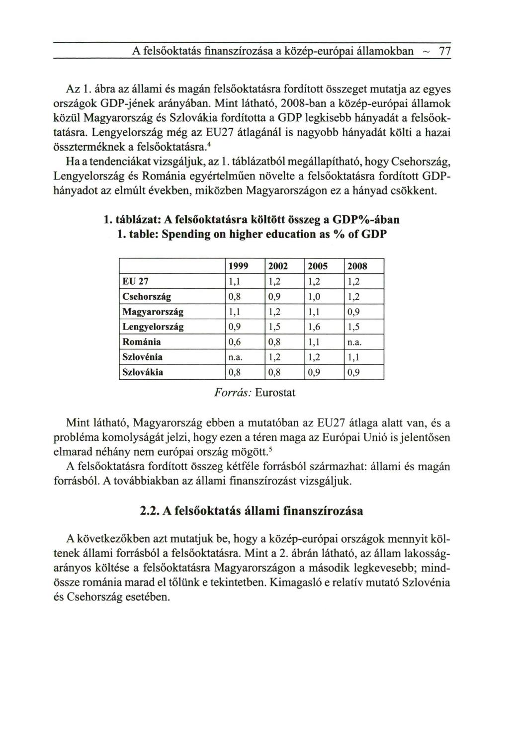 A felsőoktatás finanszírozása a közép-európai államokban ~ 77 Az 1. ábra az állami és magán felsőoktatásra fordított összeget mutatja az egyes országok GDP-jének arányában.