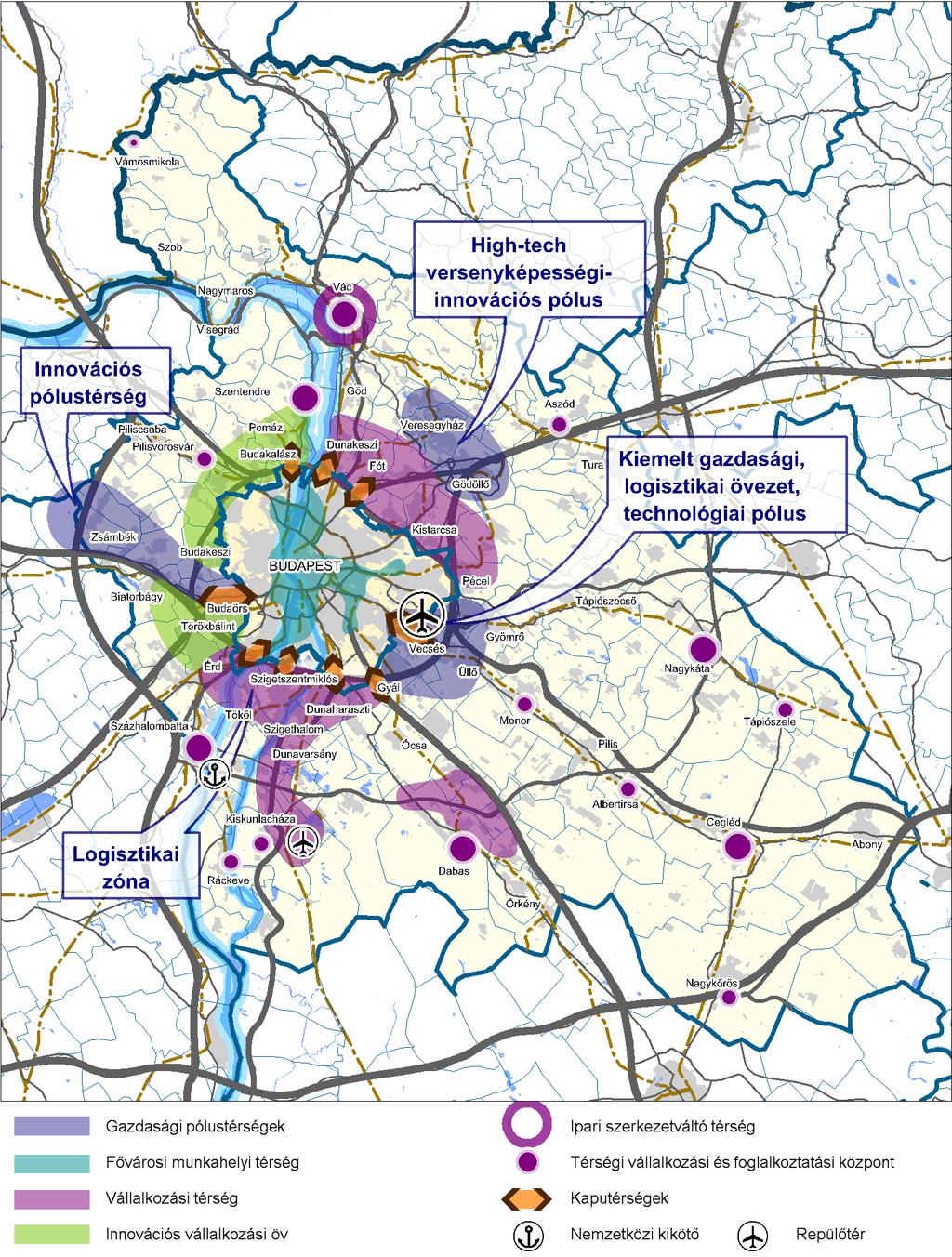 Pest megye húzótérségei a területfejlesztési koncepció alapján - Budaörsi, Szentendrei, Pilisvörösvári térségek: innovációs vállalkozói övezet - Vác és térsége: transzformációs térség -