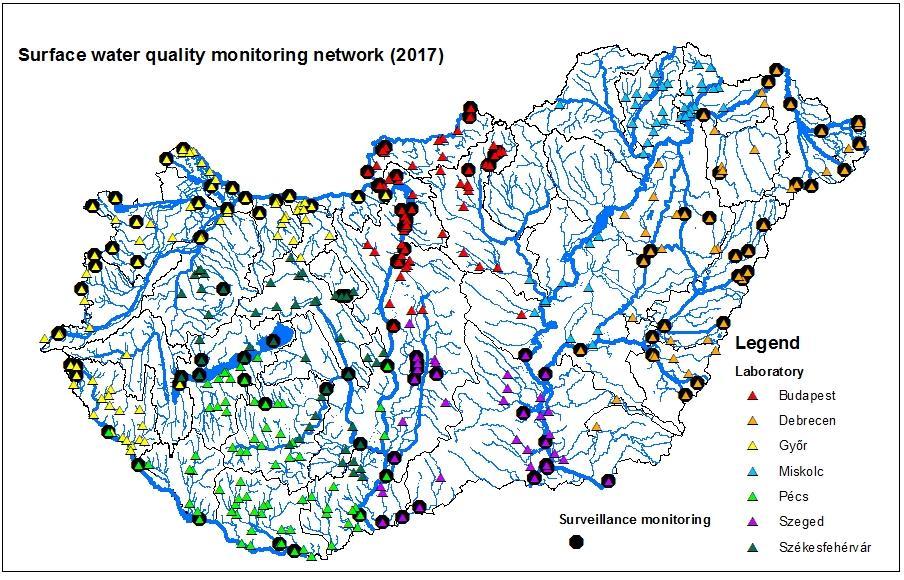 Felszíni vízminőségi monitoring rendszer: 2017- OVF központi irányításával, ~ 400 mintavételi helyen havi mérések, Veszélyes anyagok vizsgálata a