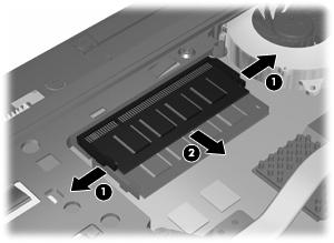 9. Távolítsa el a memóriamodult a memóriabővítő foglalatból: a. Húzza szét a rögzítőkapcsokat (1) a memóriamodul mindkét oldalán. A memóriamodul ekkor elmozdul felfelé. VIGYÁZAT!