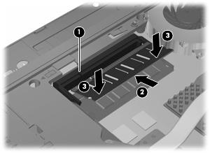 c. Óvatosan nyomja le a memóriamodult (3) a jobb és bal oldalán egyaránt addig, amíg a rögzítőkapcsok a helyükre