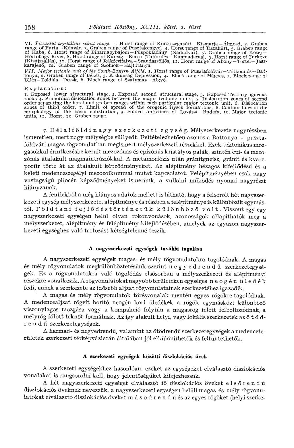 158 Földtani Közlöny, XCIII. kötet, г. füzet VI. Tiszántúl crystalline schist range, i. Horst range of Körösszegapáti Kismarja Álmosd, 2. Graben range of Fúrta Kónyár, 3.