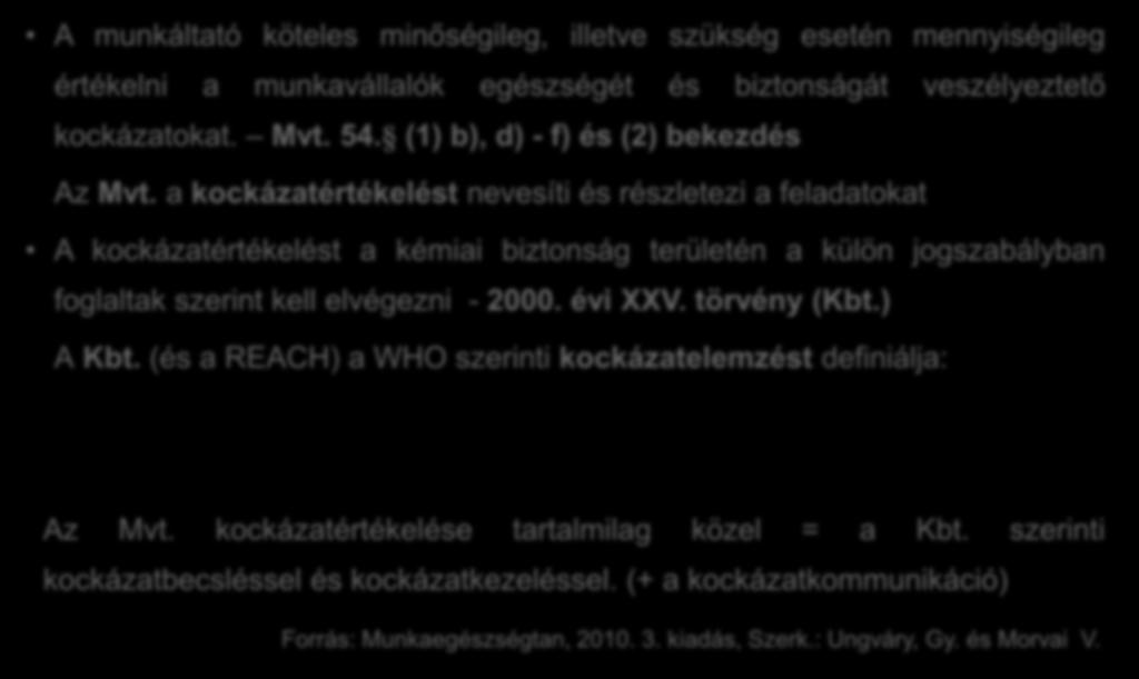 Kockázatértékelés/kockázatelemzés szabályozása A munkáltató köteles minőségileg, illetve szükség esetén mennyiségileg értékelni a munkavállalók egészségét és biztonságát veszélyeztető kockázatokat.