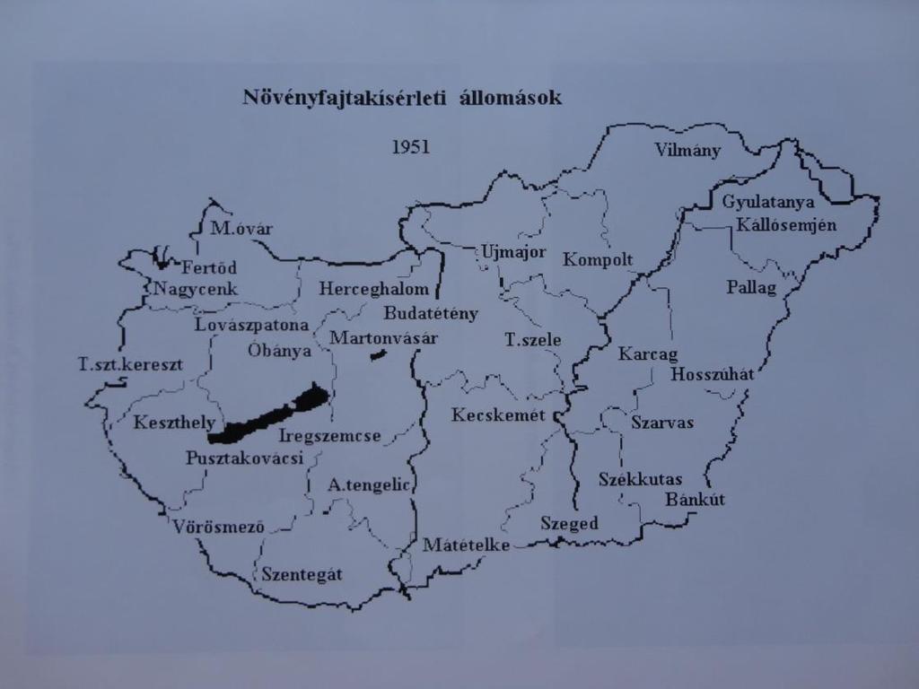 6. ábra Növényfajtakísérleti állomások Magyarországon (1951) Forrás: RIBA (2017) Az 1956-os évek után ismételten megtorpanás jellemezte a hazai kísérletügyet, melynek ismételt fellendülése 1958-tól