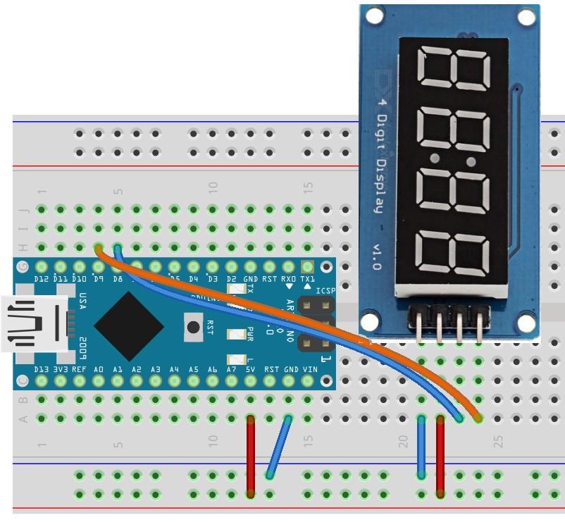 Kapcsolási elrendezés Hozzávalók: Arduino nano TM1637 4-digit kijelző Breadboard Vezetékek A kijelző CLK