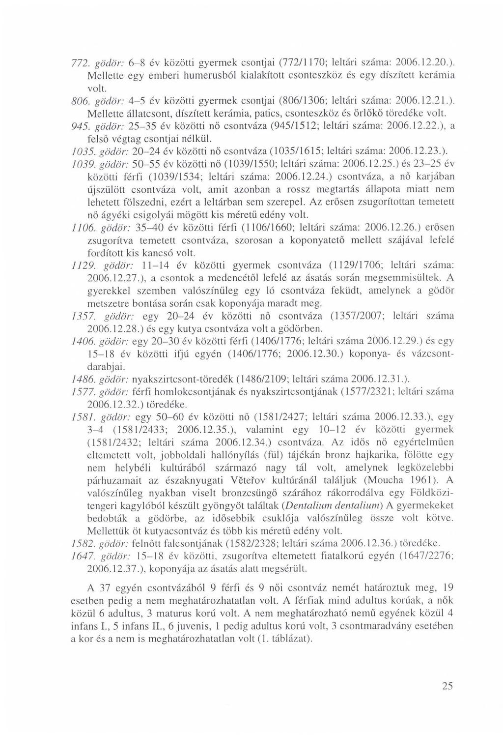 772. gödör: 6-8 év közötti gyermek csontjai (772/1170; leltári száma: 2006.12.20.). Mellette egy emberi humerusból kialakított csonteszköz és egy díszített kerámia volt. 806.