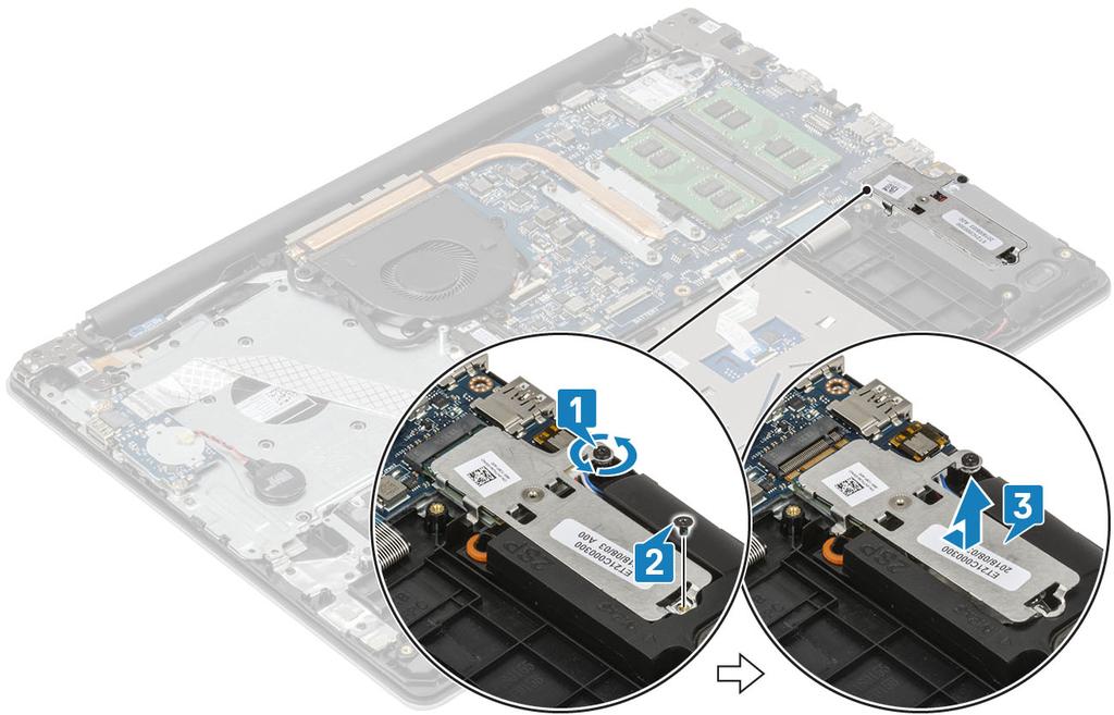 4 Fordítsa meg a hővezető lemezt. 5 Távolítsa el az egy csavart (M2x2), amely az SSD-meghajtót a hővezető lemezhez rögzíti [1]. 6 Emelje le az SSD-meghajtót a hővezető lemezről [2]. Az M.