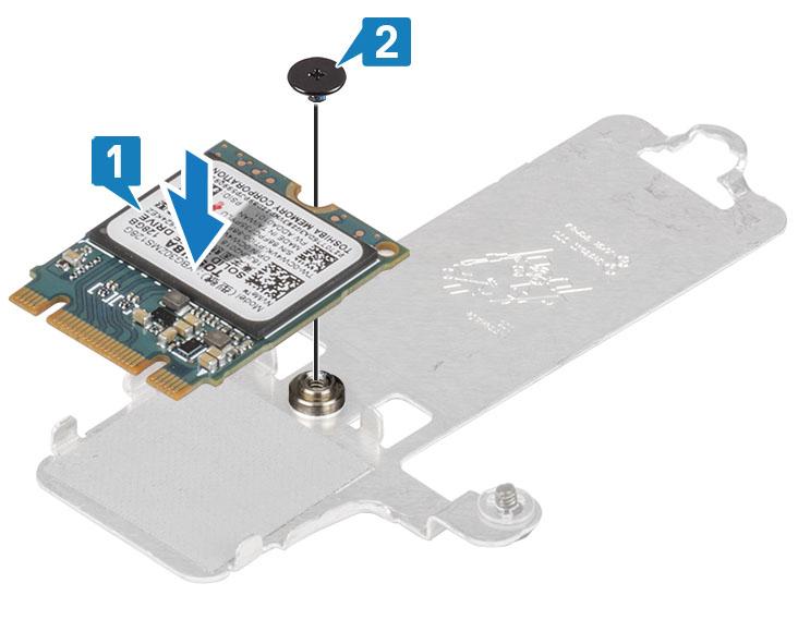 3 Igazítsa az SSD-meghajtón lévő bemetszést az SSD-meghajtó csatlakozóján található fülhöz. 4 Csúsztatva helyezze be az SSD-meghajtót a megfelelő foglalatba [1].