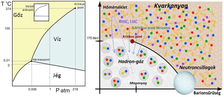 14 1. FEJEZET. A NAGYENERGIÁS MAGFIZIKA 1.7. ábra. A víz (balra) és a maganyag fázisdiagramja (jobbra). Mindkett ben van egy kritikus pont, amelyen túl nincs els rend fázisátmenet.