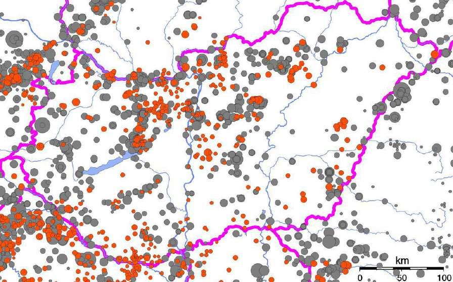 34. térkép: A földrengések területi eloszlása Magyarországon. A szürke körök a historikus rengéseket (456-1994), a piros körök az utóbbi évek rengéseit (1995-2009) mutatják Forrás: foldrenges.