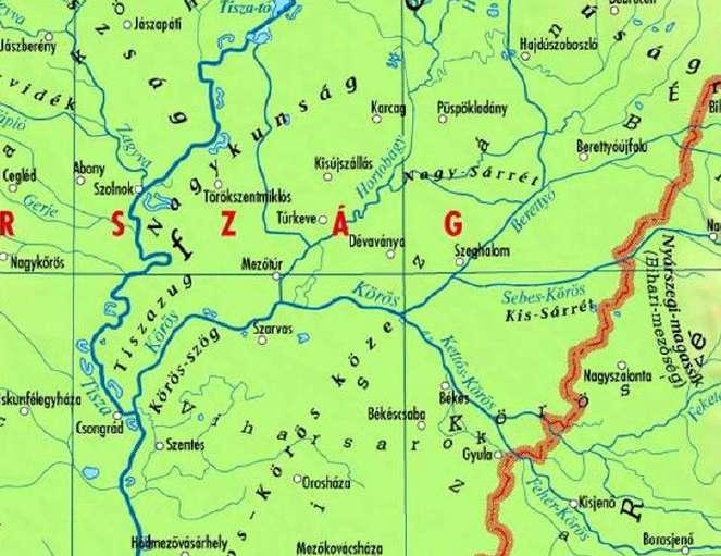 15. térkép: Részlet a Kárpát-térség hegy- és vízrajza térképből Dévaványa és térségéről Forrás: http://www.eng.unideb.hu/userdir/forian/vizes/1.