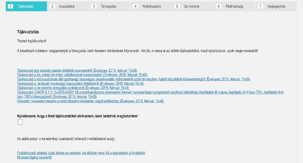 Tájékoztatók, adatok betöltése Az első oldalon a kiválasztott támogatáshoz kapcsolódó