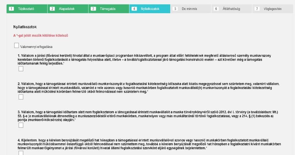 Nyilatkozatok A következő oldalon a nyilatkozatokat kell kitölteni.