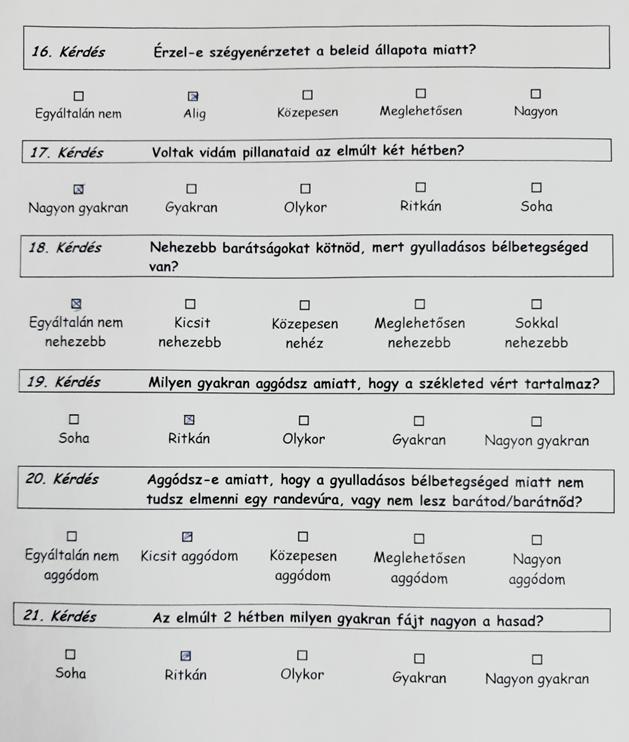 Betegség specifikus modullal rendelkező kérdőív használata IMPACT-III: validált, betegség specifikus kérdőív IBD-ben 35 kérdés Domének: béllel kapcsolatos tünetek (7 kérdés), szisztémás