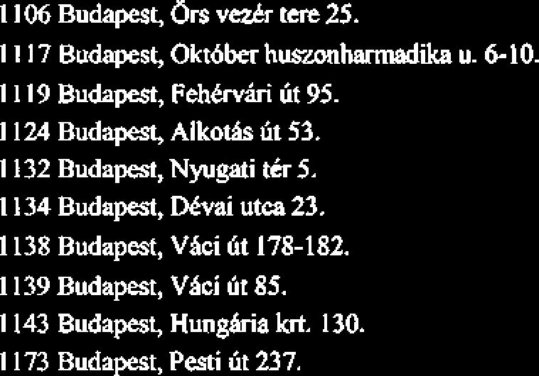 1222 Budapw, N~ytkthyiit 37-43. 2000 Szentendre, Kossuth L u. 10. 2030 gxd, Budai ut I 1. 2040 BudrtBrs, Szabaddg 6t 45. 2085 Solymh, TresMnszky u. 68. 2085 PilisvorWhr, F3 utca 60.