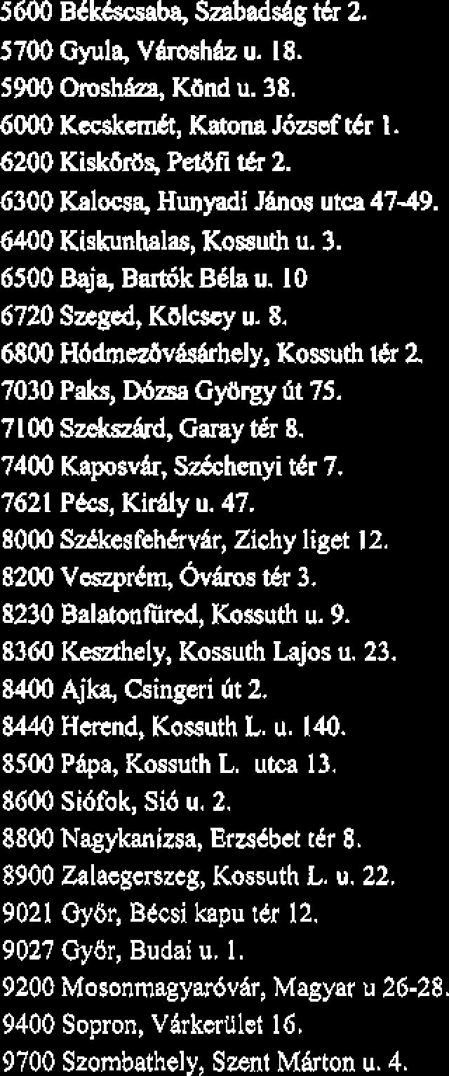 6300 Kalwa, Hunyadi Jhw utca 47-49. 6400 Kiskunhalas, Komuth u. 3. 6500 Baja, Bdk Bdla u. 10 6720 Sqed, Kblcsey u. 8, 6800 H6dmezdv&hely, Kossuth t& 2 7030 P&, Wma Gflrgy 6t 75.