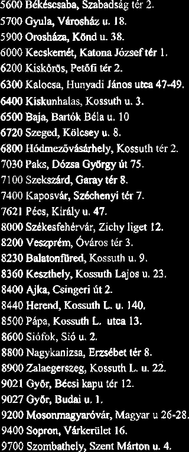 25-27. 1222 Budapest, Nagytktn yi 6t 37-43. 2000 Szentendre, Kossuth L. u. 10. 2030 ~ d, Budai ht I I. 2040 BudaOrs, Smbaddg iit 45. 2085 Solymir, Tratybszky u. 68. 2085 PilisvllrBsvhr, F6 utca 60.