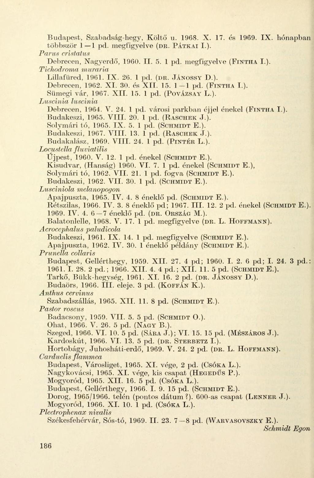 Budapest, Szabadság-hegy, Költő u. 1968. X. 17. és 1969. IX. hónapban többször 1 1 pd. megfigyelve (DR. PÁTKAI L). Parus eristatus Debrecen, Nagyerdő, 1960. II. 5. 1 pd. megfigyelve (FINTHA I.). Tichodroma muraria Lillafüred, 1961.