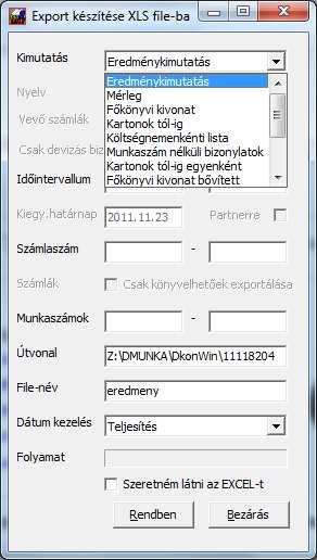 11.8 Excel export modul (külön rendelhető) A modul segítségével adatokat exportálhat Excel formátumban. A működéséhez a számítógépen kell, hogy legyen telepítve legalább 2003-as Excel!